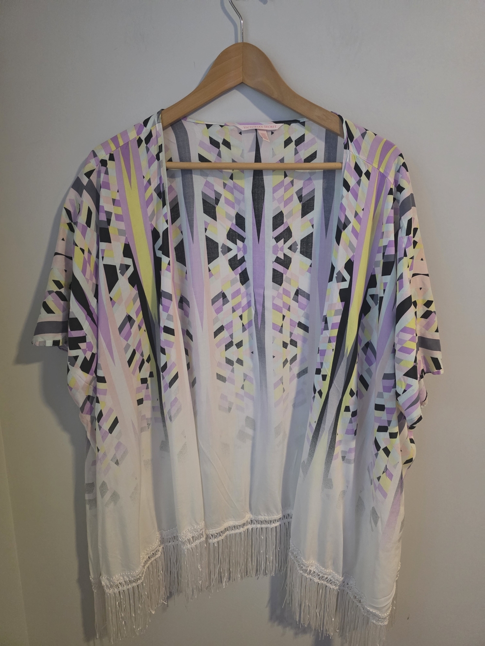 Victoria's Secret Fringe Kimono Cover Up XS/S Pastel Geometric Print Open Front
